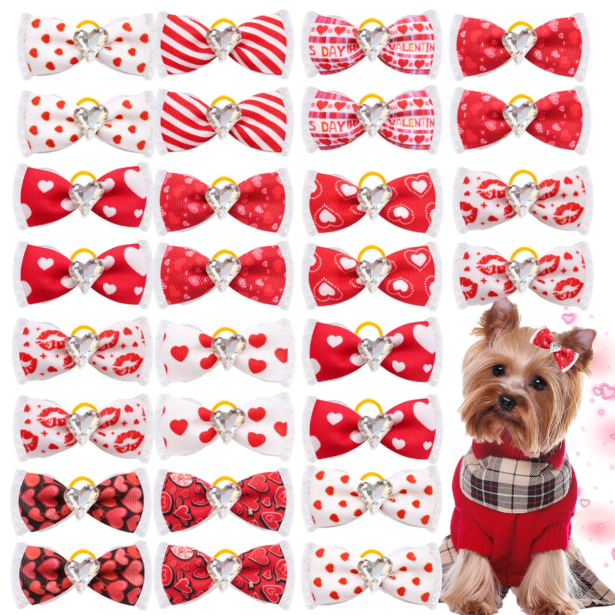 20Pcs Valentine's Day Dogs Hair Bows with Rubber Band for Small Medium Pet Curly Adorable Rhinestone Dog Bows Puppy Cat Hair Accessories Heart Pattern (for Valentine’s, Medium (2 inch)