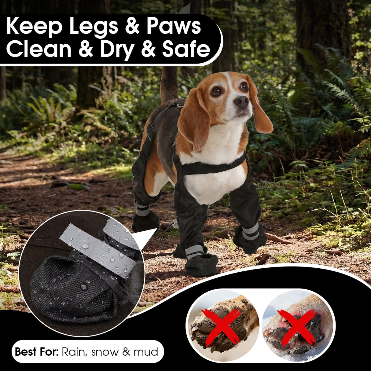 Pezluxe Dog Suspender Boots, Waterproof Anti-Slip Dog Rain Boots with Adjustable Strap for Small Medium Large Dogs, Reflective Paw Protector Pet Shoes for Outdoor Walking, Rain Snow Hiking, Black, L