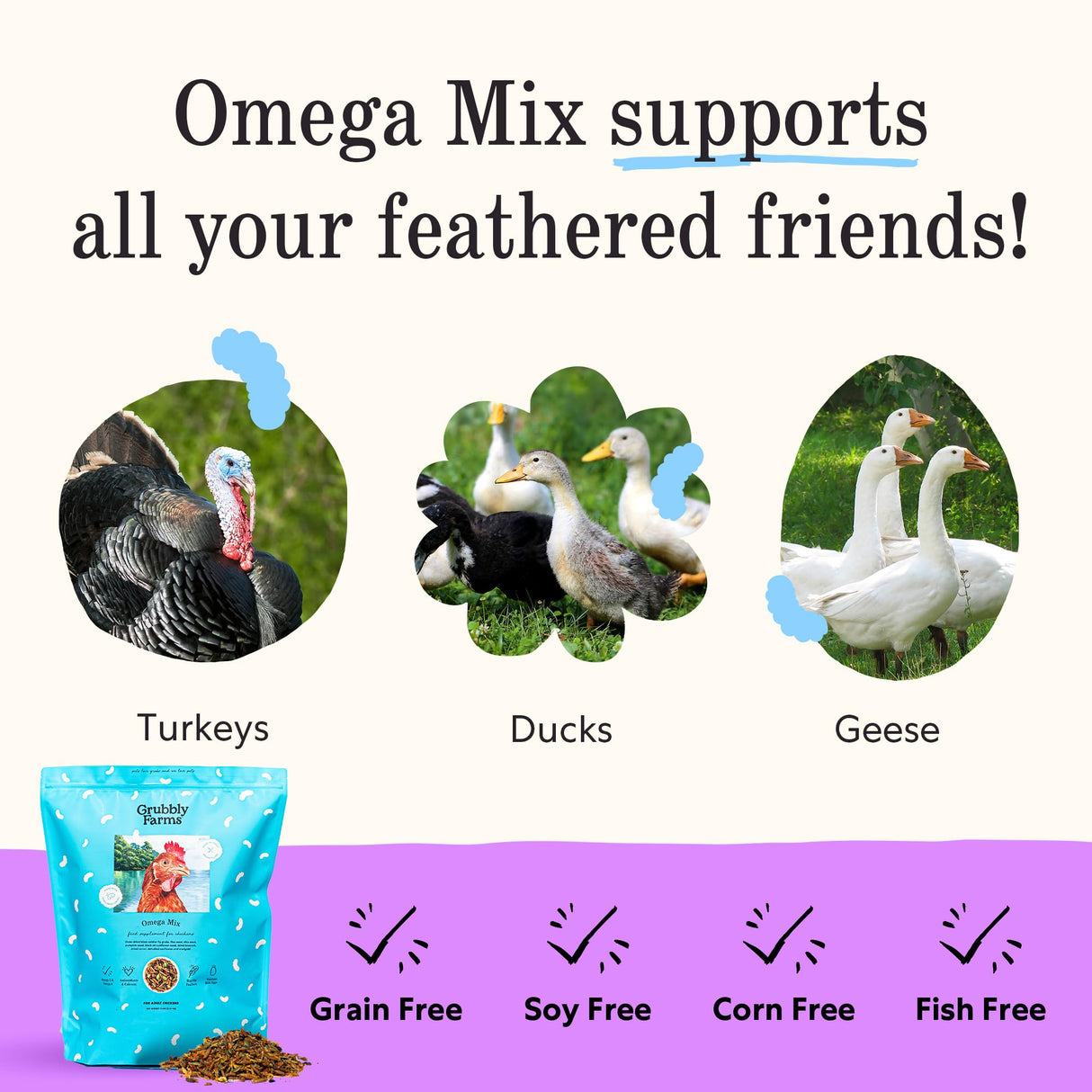 Grubbly Farms Omega Mix Chicken Treats for Laying Hens - Superfood and Omega-Rich Chicken Feed Supplement to Support Egg Production, Strong Eggshells and Nutritious Yolks - 5LB