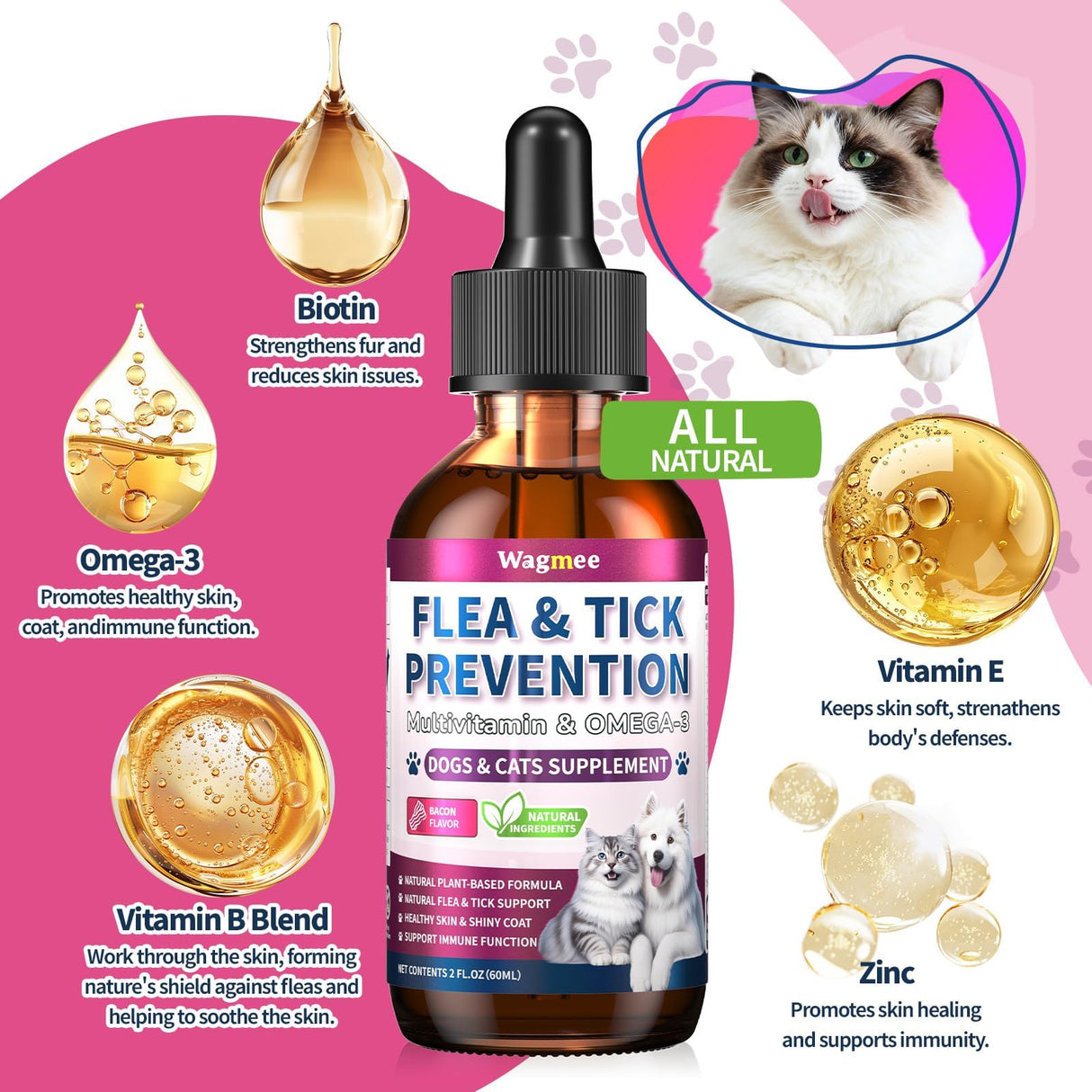 Flea & Tick Prevention for Dog and Cat, Natural Oral Flea & Tick Support Drops with Multivitamin Omega-3 for Pets - Supports Healthy Skin & Coat - Flea Herbal Drops All Breeds and Sizes - Bacon