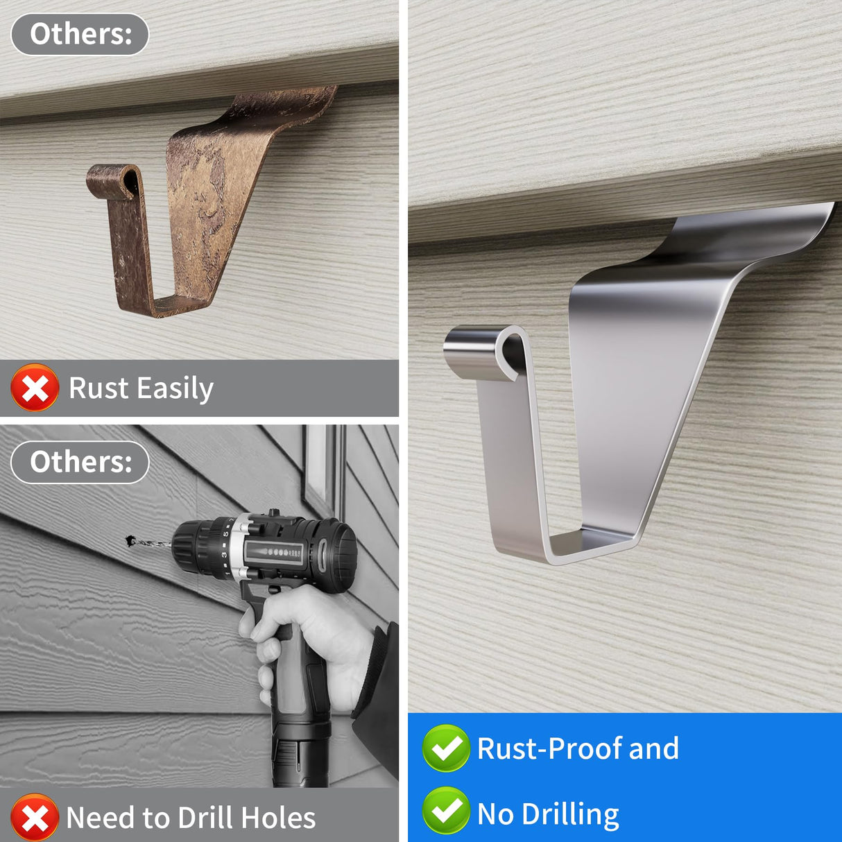 Amuille Vinyl Siding Hooks Hanger 10 Pack, Heavy Duty Siding Clips for Hanging on Patio, No-Hole Needed Stainless Steel Siding Hook to Decor Wreath Things for Horizontal Vinyl Siding
