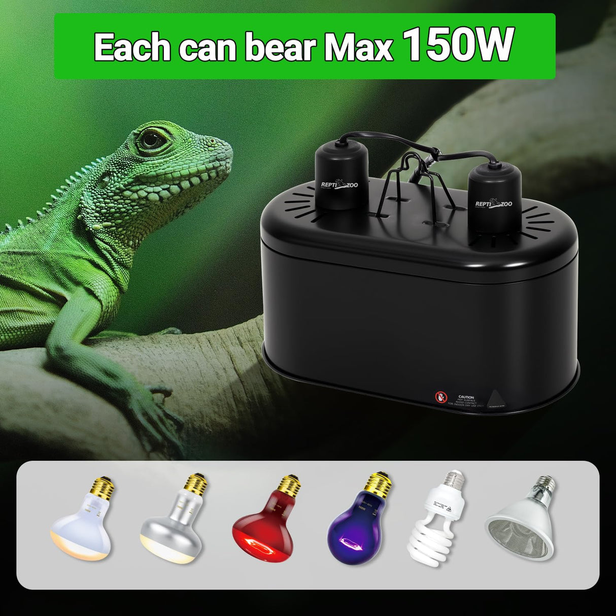 REPTI ZOO Dual Reptile Light Fixture for Reptile Dome UVB Lamp Fixture Dual Reptile Reflector Dome Lamp Cap Combo Integration Design Heat Lighting