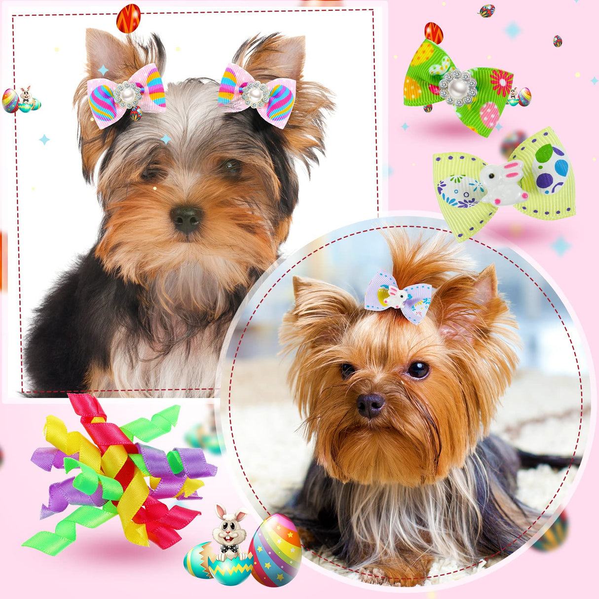 MTLEE 50 Pcs Easter Dog Bows Dog Hair Bows Bulk Easter Grooming Cute Rabbit Pattern with Rubber Bands Puppy Yorkie Cat Bunny Butterfly Topknot Rhinestone Pearl Girl Accessories