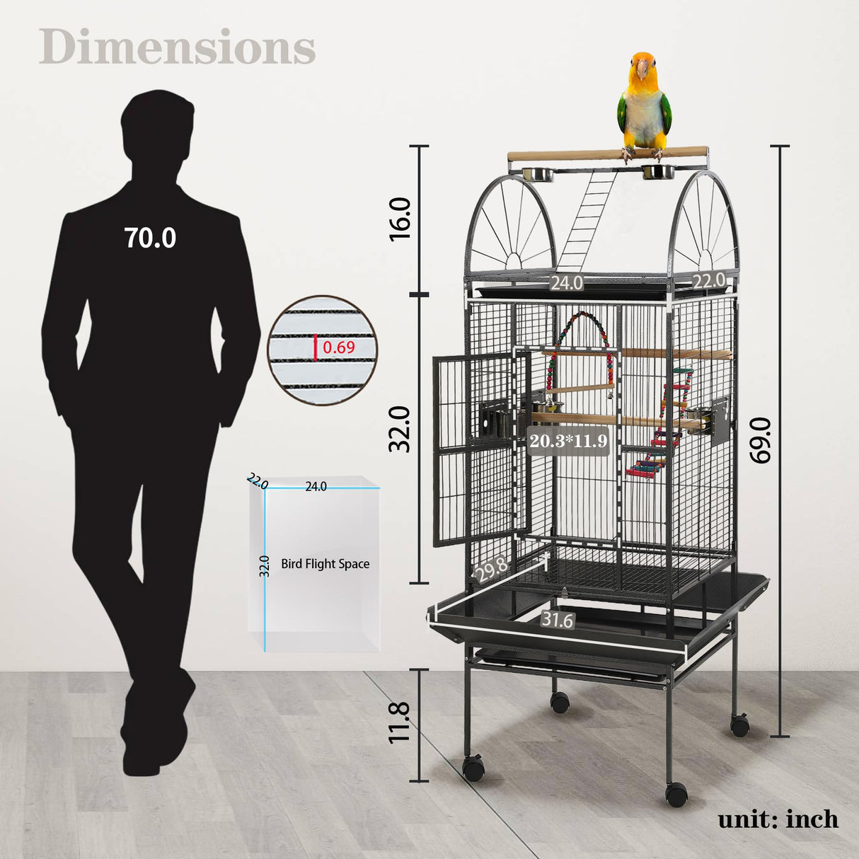 Sinopet 69-inch Large Bird Cages for Parrots,Large Parrot Cages for Large Birds, Flight Cage for Birds,Large Parakeet Cage with Birdcage Cover for African Grey,Quaker,Cockatiel,Green Cheek Conure