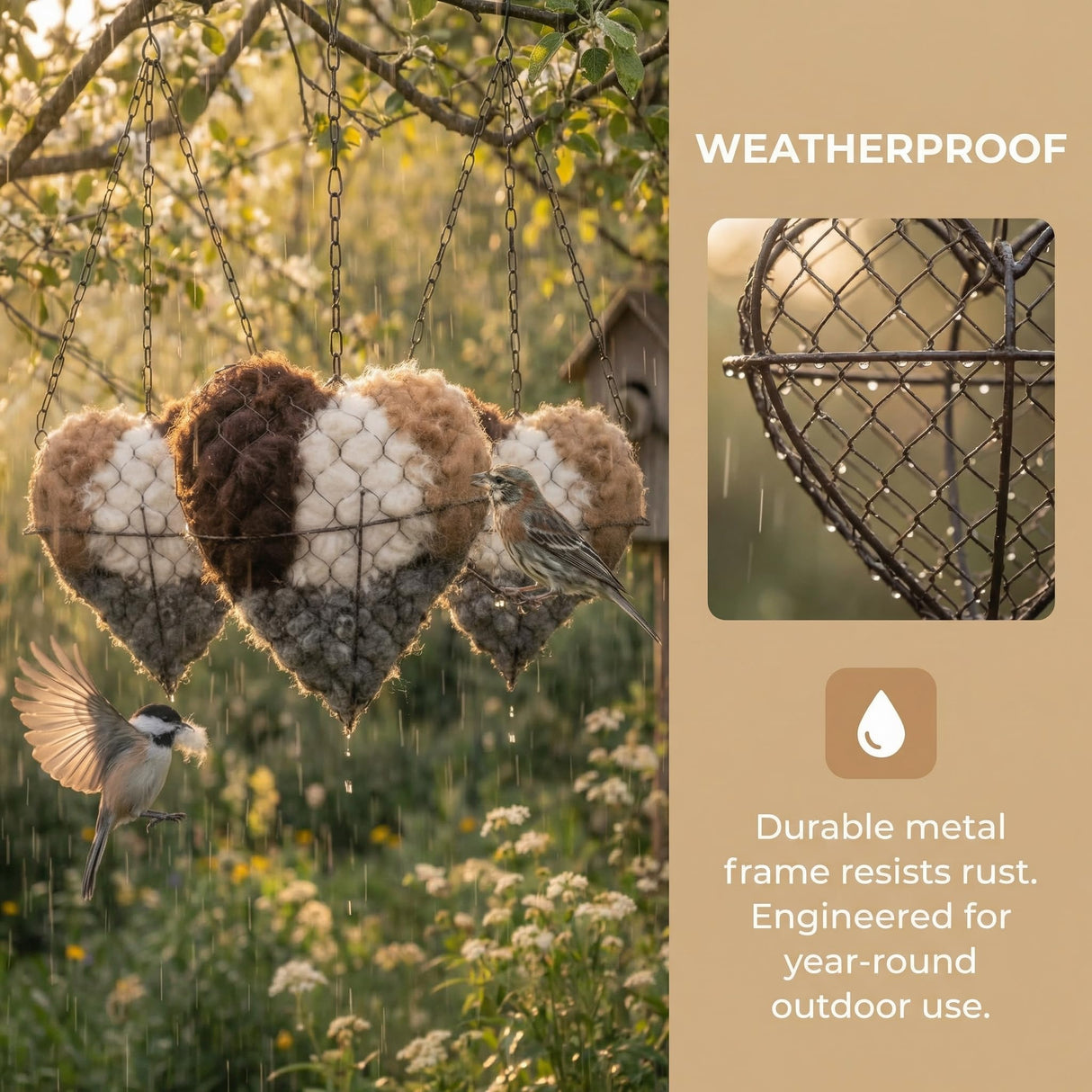 YINGBALHL Handmade Alpaca Fiber Bird Nesting Heart – Refillable Bird Haven with 2 Nesting Material Refill Bags – Eco-Friendly Hanging Nest for Hummingbirds & Wild Birds, Garden & Yard Décor (1Set)