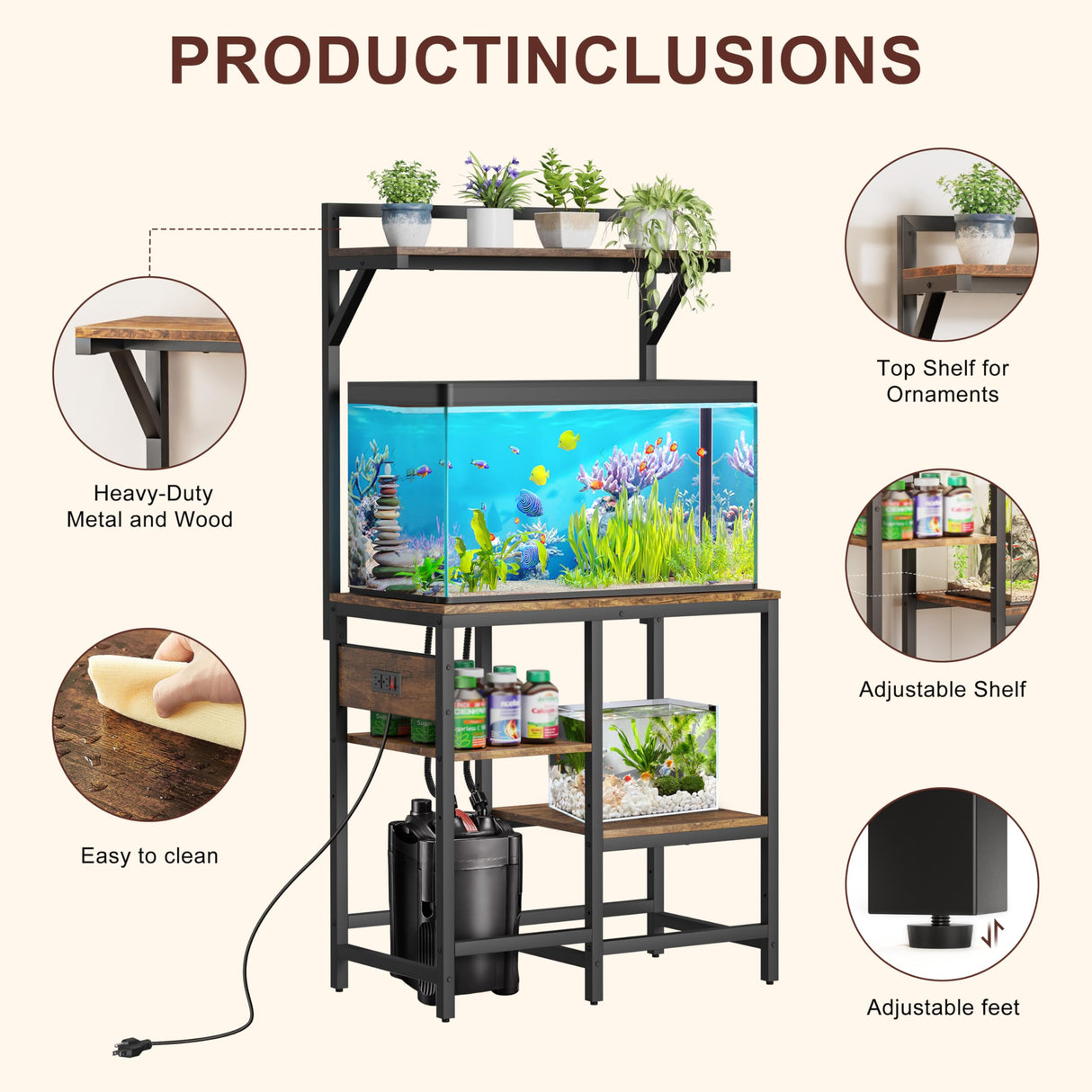 20-29 Gallon Fish Tank Stand, Aquarium Stand with Power Outlet, Heavy-Duty Reptile Terrarium Stand Table with 6-Leg Support and 4-Tier Adjustable Storage Shelves