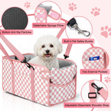 Portable Dog Car Seat for Small Dogs - Pet Booster Seat with Safety Leash & Anti-Collapse Design, Washable Cushion - Center Console Car Travel Carrier for Pets Up to 12 lbs, Pink Checkered