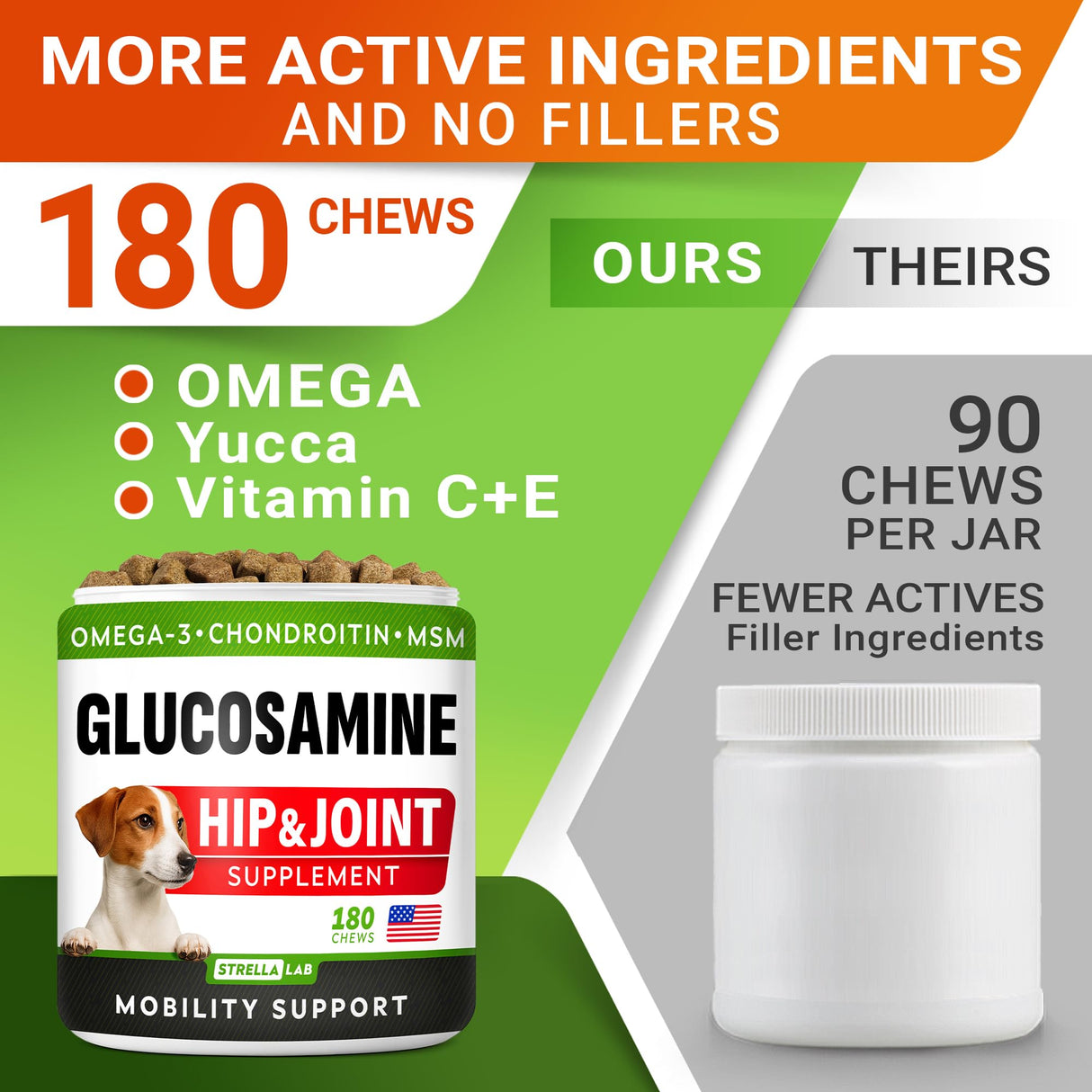 Glucosamine Treats for Dogs - Joint Supplement w/Omega-3 Fish Oil - Chondroitin, MSM - Advanced Mobility Chews - Joint Pain Relief - Hip & Joint Care - Chicken Flavor - 180 Ct - Made in USA
