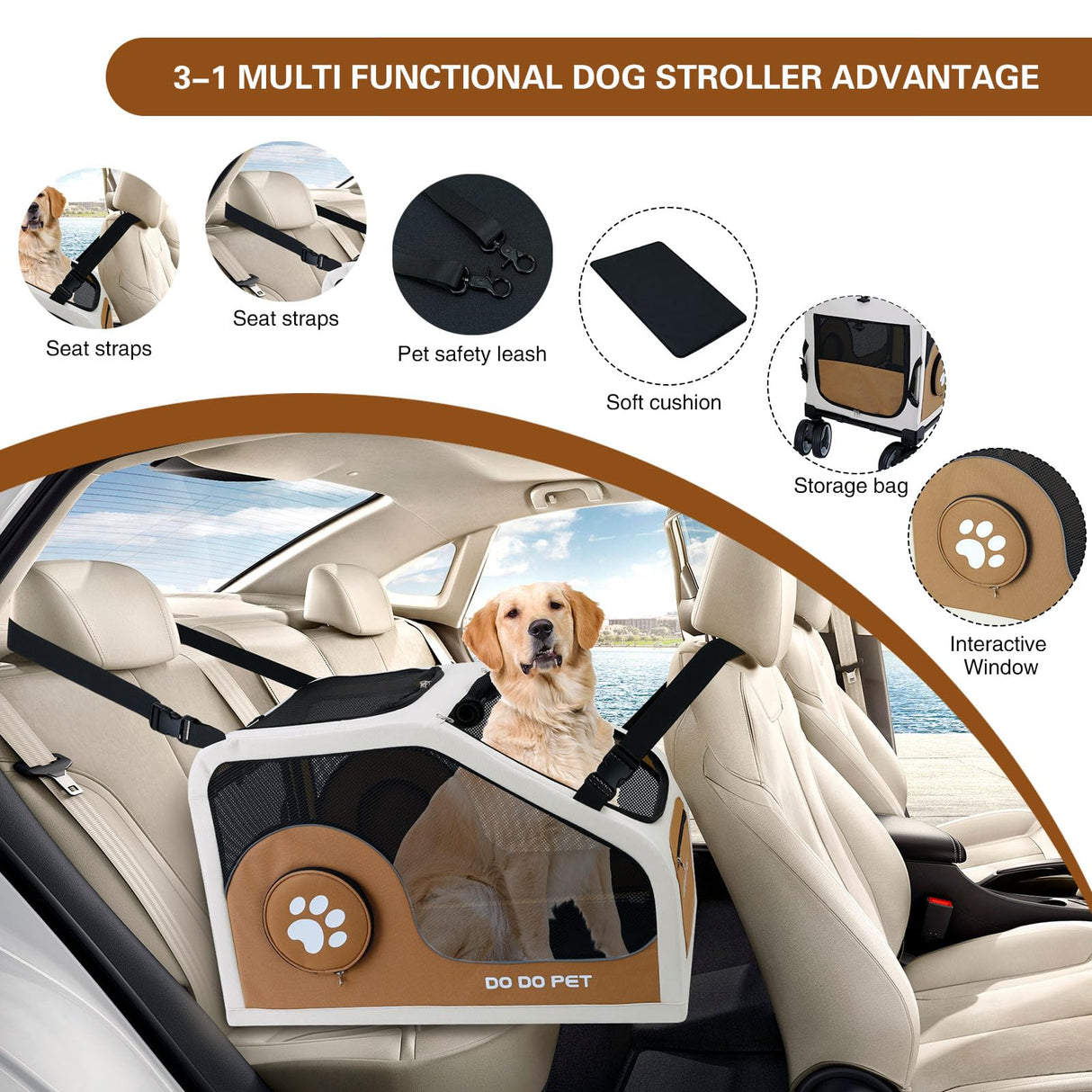 IronHaul 3-1 Dog Stroller for Medium Dogs,Collapsible Soft Dog Travel Crate with Metal Frame for Car Travel,Pet Stroller with Removable Carrier for Pets Up to70LBS(Orange)