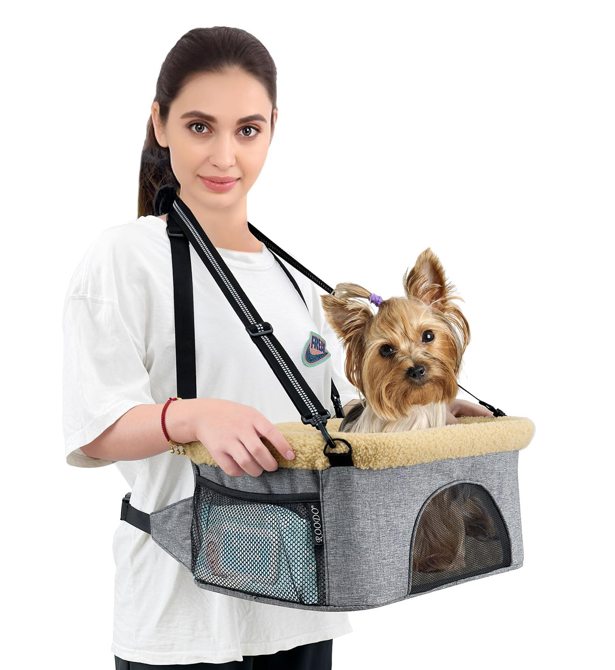ROODO Deluxe Dog Booster Seat with Height-Adjustable Foldable Metal Frame and Safety Leash,Portable Pet Car Seat for Under 20lb Puppy Cats with Plush Thick Cushion Mesh Window Pockets(Cation Gray