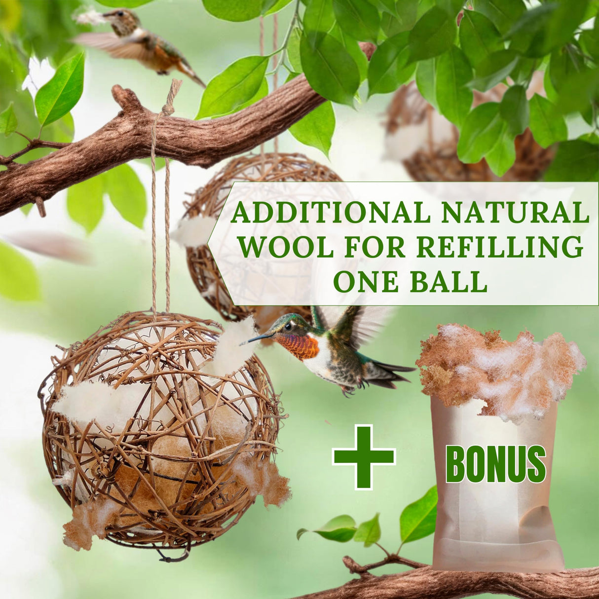 Hummingbird Nesters - Bird Nesting Material Holder for Wild Birds Wrens Finches - Refillable Outdoor Bird Nesting Station to Build a Nest (3 Balls)