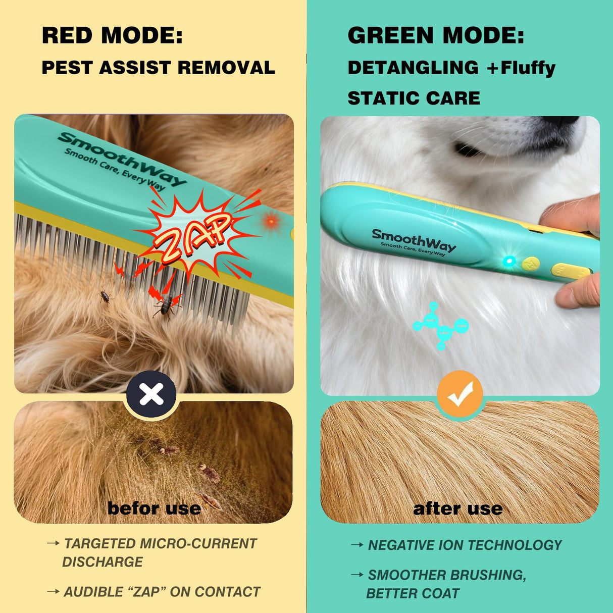Professional 3-Row Tick & Flea Comb for Dogs & Cats - Stainless Steel Teeth with Negative Ion Anti-Static | Detangling Grooming Tool for Poodles, Shih Tzus & Long Haired Pets (One Size)