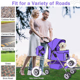 BLKMTY Folding Dog Stroller, 4 Wheels Pet Stroller, Foldable Cat Strollers Waterproof Travel Carrier Strolling Cart for Puppy Jogger with Cup Holder & Storage Basket, Purple