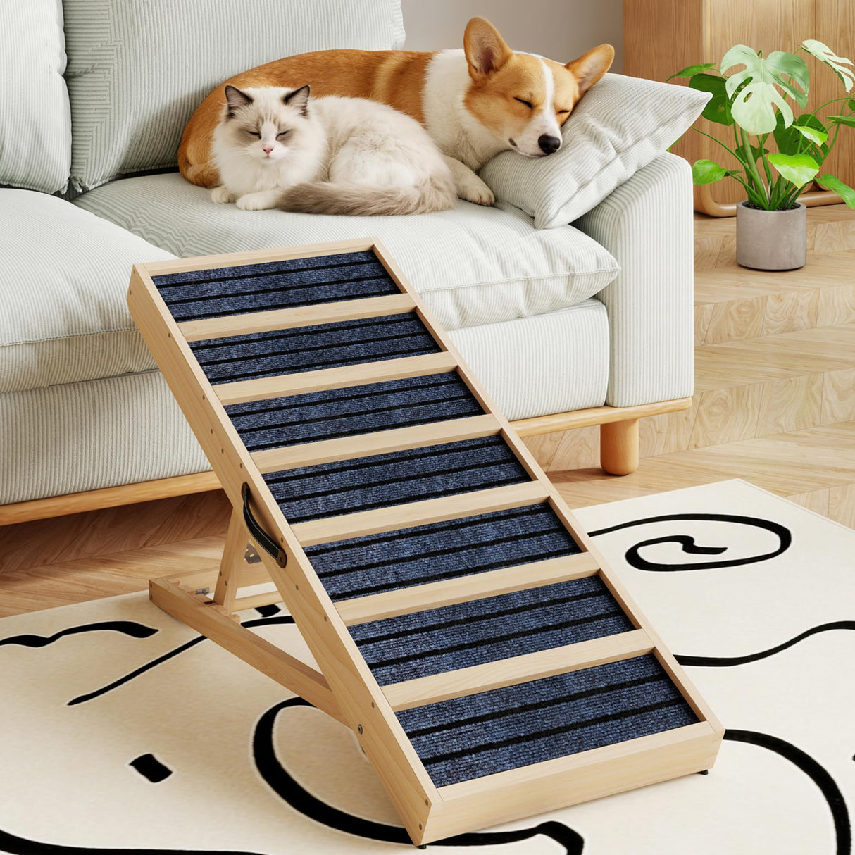 Dog Ramp for Bed, Couch- Upgraded Non-Slip Wooden Pet Ramp with Sturdy Construction, 4 Adjustable Heights (16" to 22"), Supports 132 lbs for Small & Medium Dogs