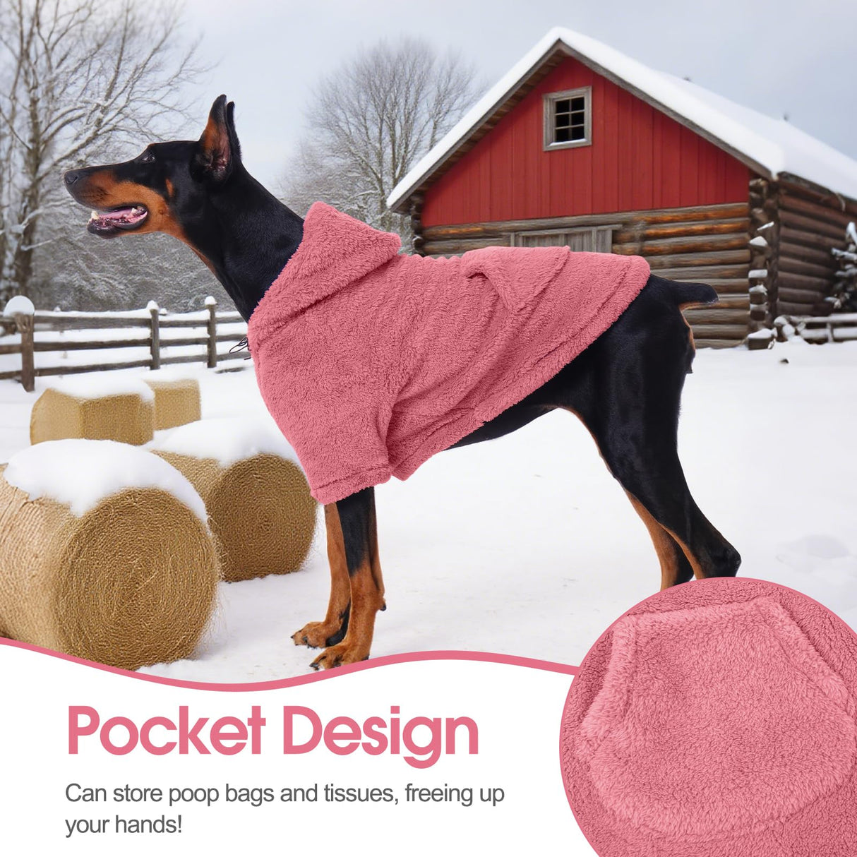 IDOMIK Fuzzy Dog Sweater with Adjustable Hood, Warm Fleece Dog Sweater Hoodie with Harness Hole & Pocket, Pullover Sweaters for Medium Dogs, Fuzzy Hooded Sweatshirt for Fall Winter Christmas,Pink,M