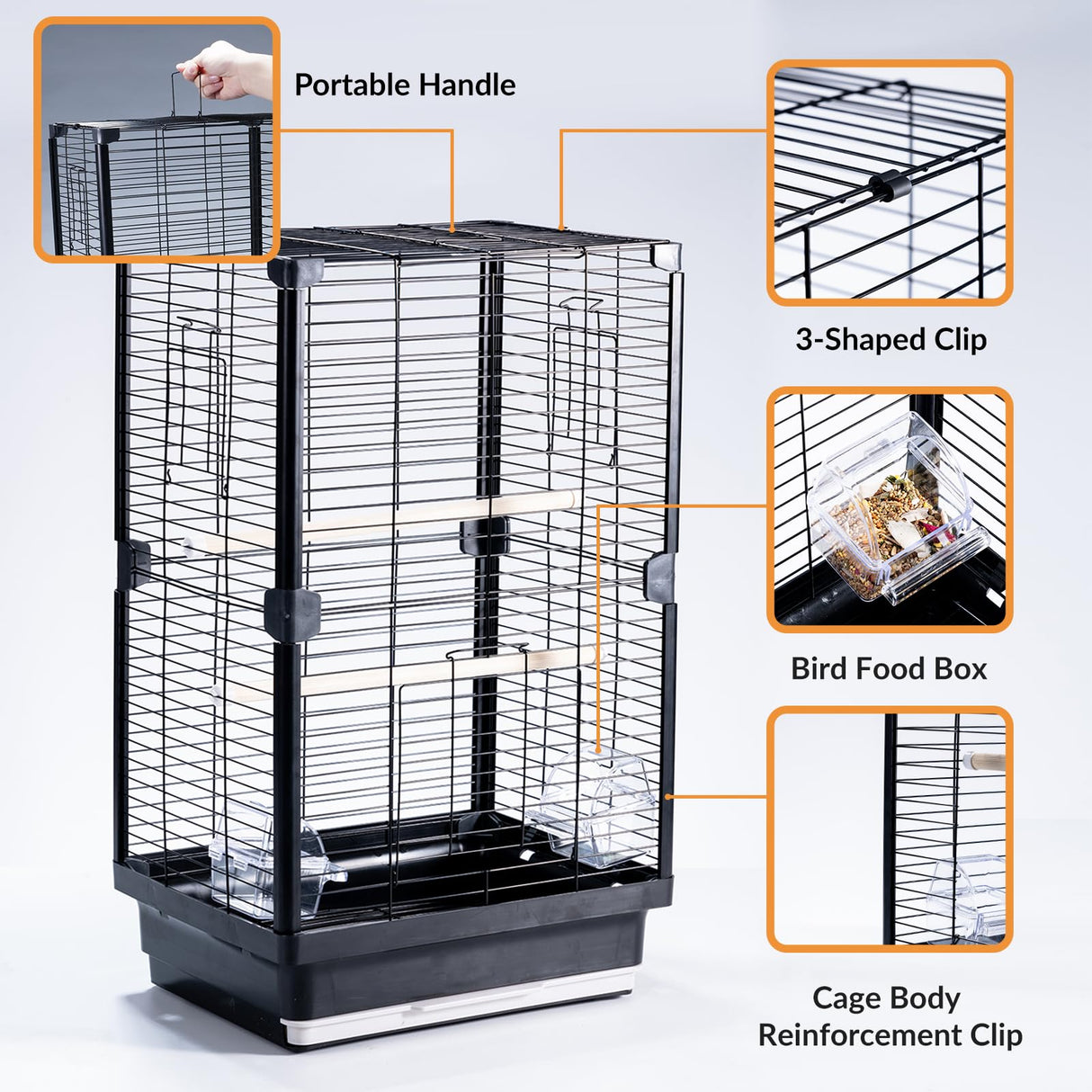 25 inch Bird Cage, Portable Travel Parrot Cage, Double-Layer Parakeet Cage, for Temporary Pet Accommodation, Trip to Vet, Short Trip, Camping, Black