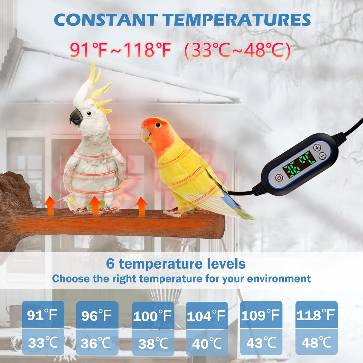 Heated Bird Perch Birdcage Heater Birds Warmer for Cage Adjustable Temperature Winter Birds Heater for Parrots Conure Cockatiels Parakeets Small Bird
