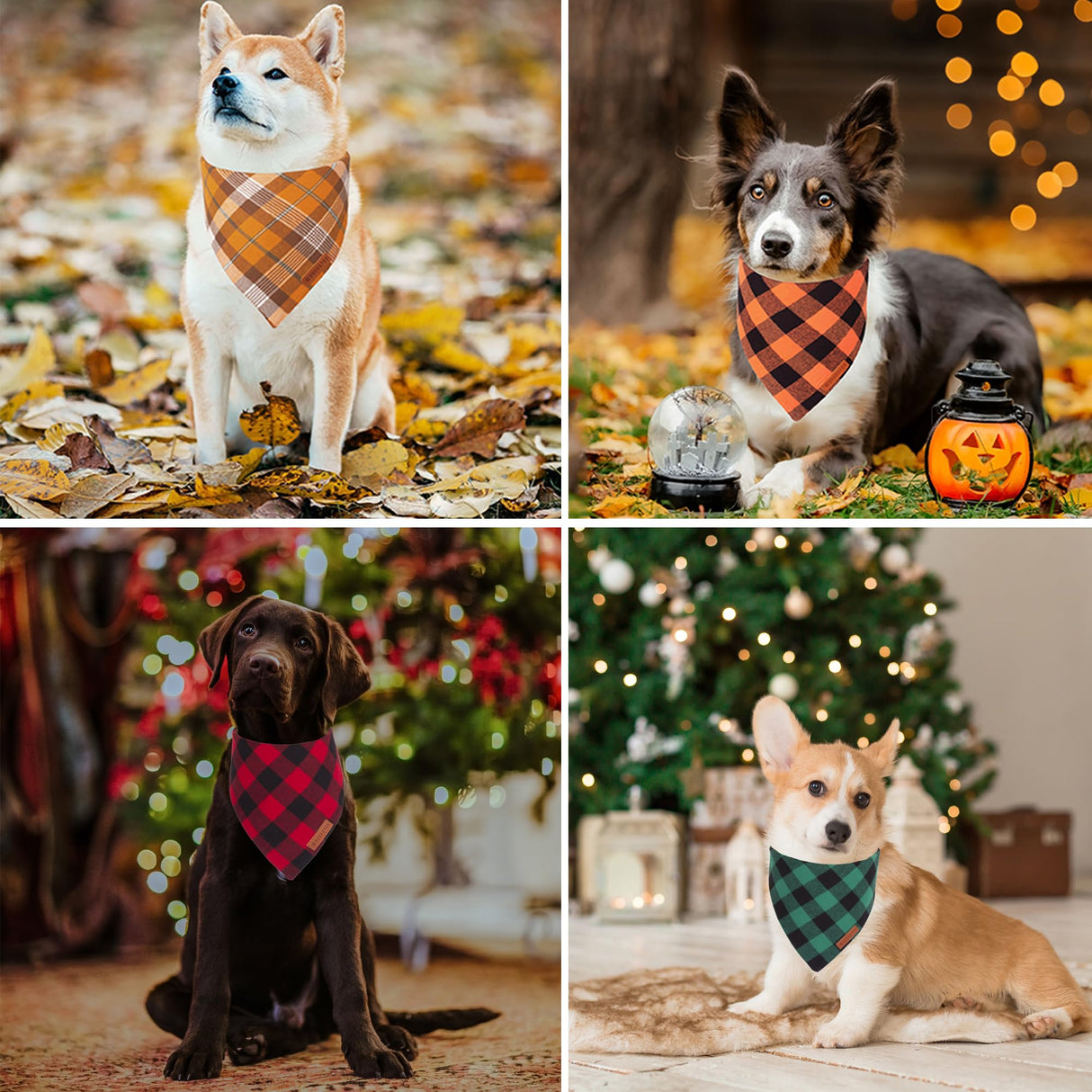 ADOGGYGO 4 Pack Plaid Dog Bandana for Fall Halloween Thanksgiving Christmas, Red Green Orange Plaid Pet Scarf Plaid Holiday Bandanas for Medium Large Dogs (Large)