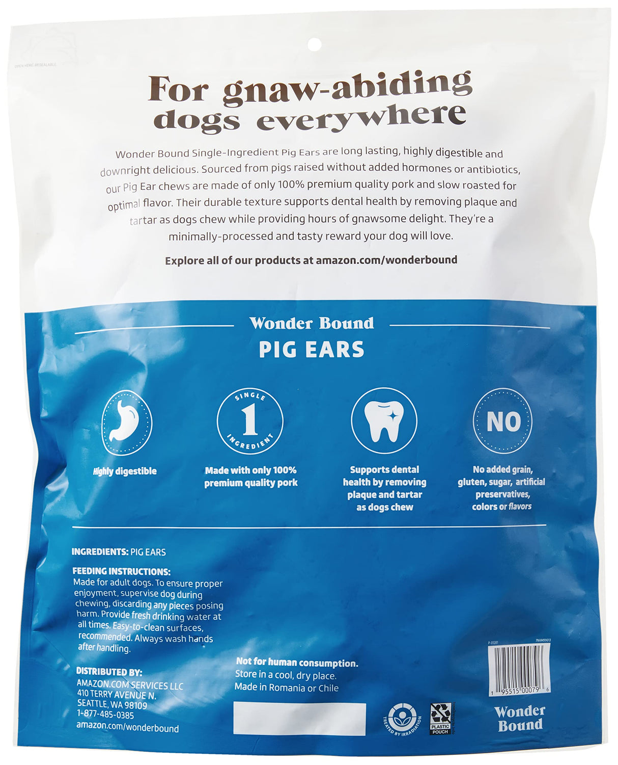 Wonder Bound Whole Pig Ears, Single Ingredient, Highly Digestible, Dog Treats for Puppy and Large/Medium Dogs, Pork, 18 count, 12.7 ounce (Pack of 1)