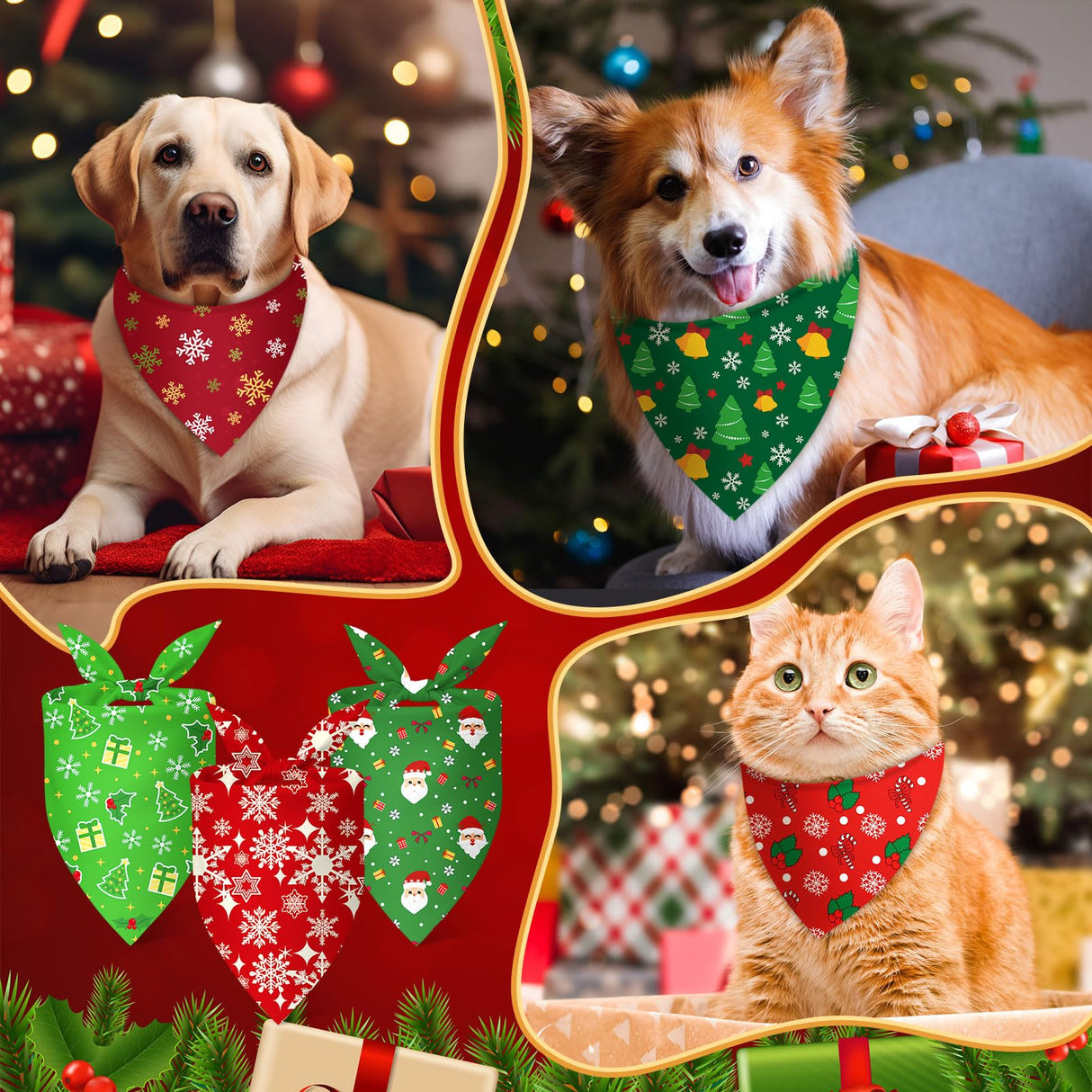Jeere 100 Pcs Christmas Dog Bandanas Bulk Xmas Red and Green Bandanas for Dogs Triangle Kerchief Bibs Scarf Set for Pet Christmas Costume Photo Props Accessories Pet Shops Groomers Owners, 25 Styles