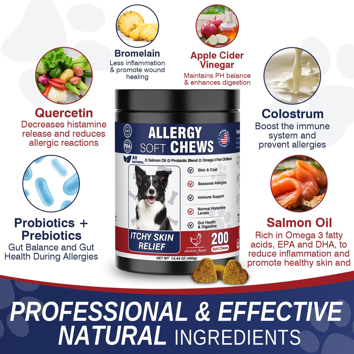 200 Treats, Dog Allergy Chews Immune Support Dogs Dog Allergy and Itching Skin Relief Bites Probiotics for Yeast, Itchy Skin and Itchy Ears Anti Itch Licking Paws Treatment for Dogs Seasonal Allergies