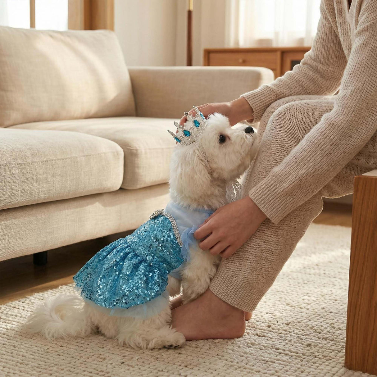 Littledropet Dog Snow Queen Princess Costume with Crown,Luxury Sequin Pet Birthday Party Princess Halloween Dress Up Cosplay Outfits for Small Medium Dogs Girls (Blue, S(Chest 14.5"|3-5Lbs))
