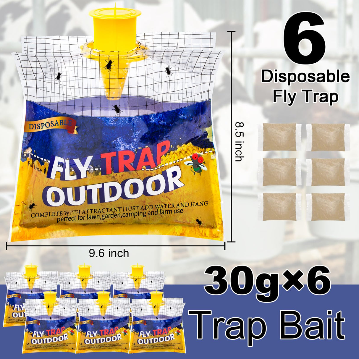 Fly Traps Outdoor Fly Trap Hanging with 30g Fly Bait, Natural Pre-Baited Fly Bags Outdoor Disposable Stable Horse Ranch Fly Trap Bag Fly Catchers Killer Outdoor 6 Pack