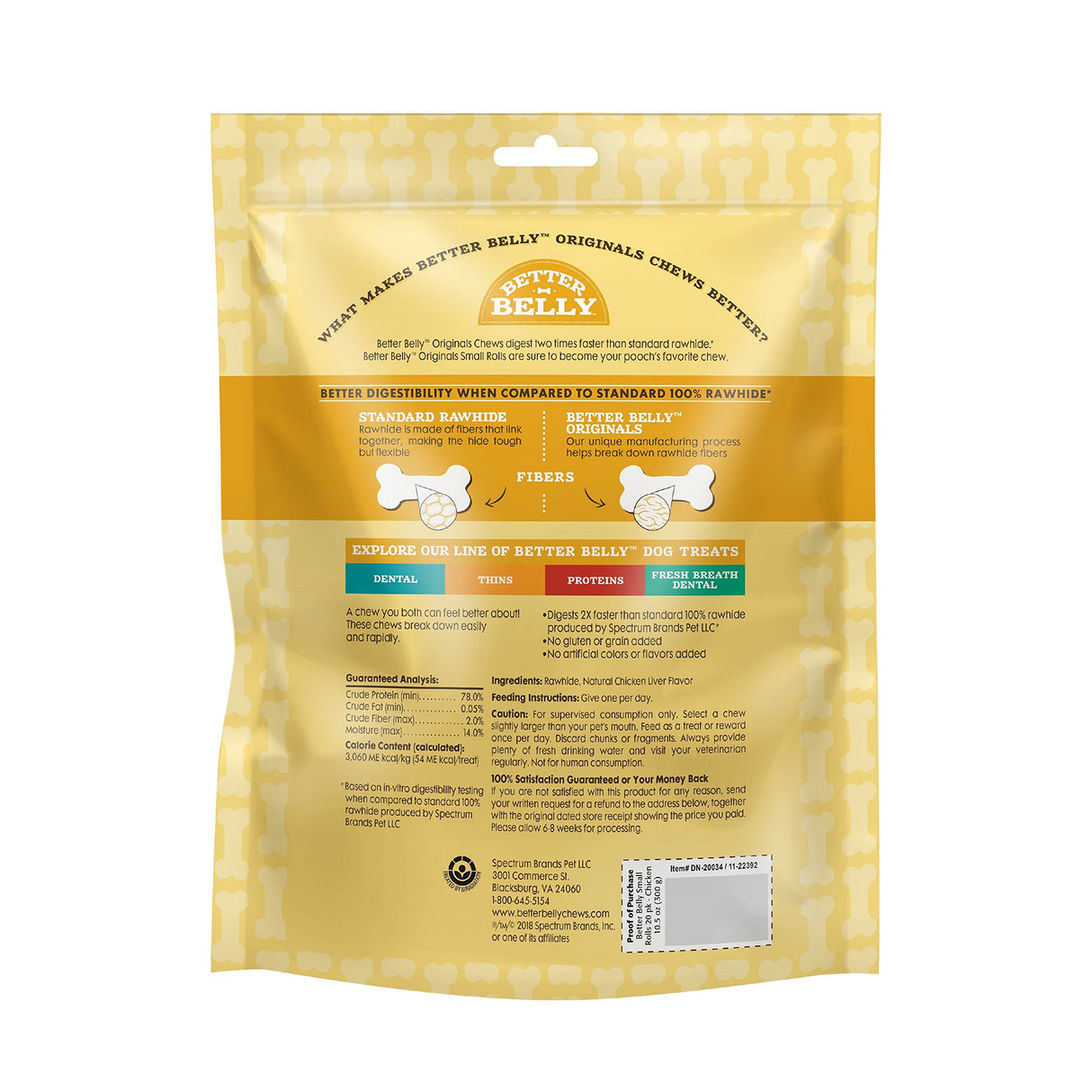 Better Belly Originals Natural Chicken Liver Flavor Small Rolls 20 Count, Highly Digestible Rawhide