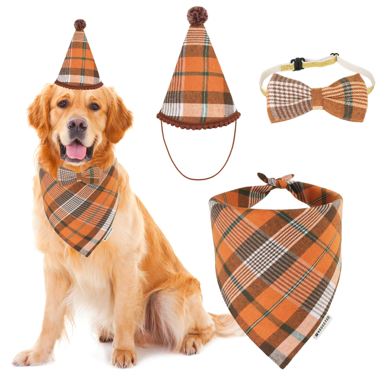 ADOGGYGO Fall Dog Bandana Hat Bow Set - Stylish Orange Plaid Fall Thanksgiving Halloween Costume Outfit for Extra Large Dogs (X-Large)
