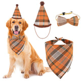 ADOGGYGO Fall Dog Bandana Hat Bow Set - Stylish Orange Plaid Fall Thanksgiving Halloween Costume Outfit for Extra Large Dogs (X-Large)