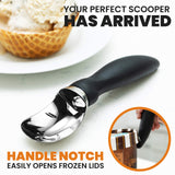 Heavy Duty Ice Cream Scoop with Comfortable Handle - Professional Ice Cream Scooper for Gelato, Sorbet, Cookie Dough, Melon, Frozen Yogurt - Dishwasher Safe Metal Kitchen Tool - Black
