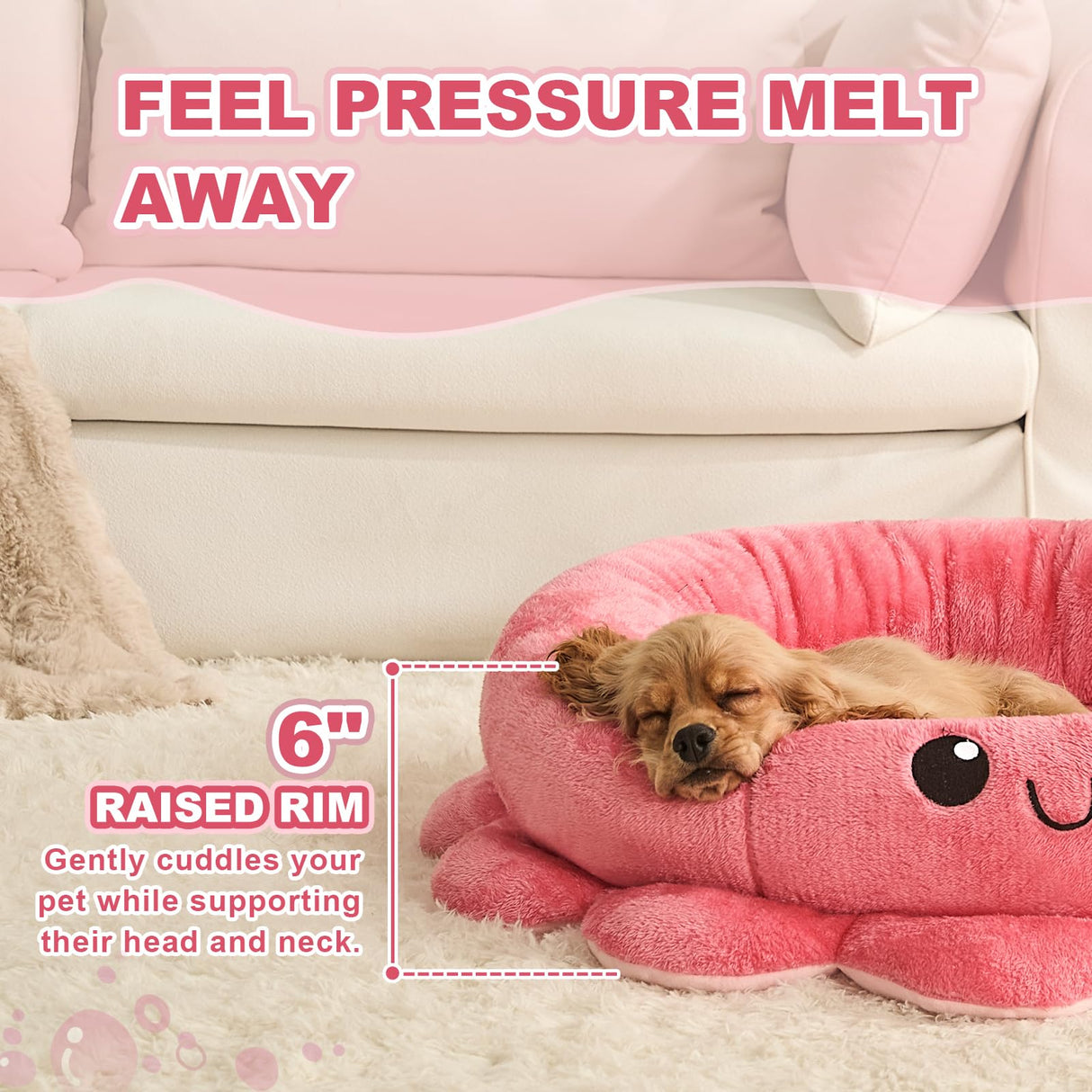 Jiupety Cute Calming Dog Beds Clearance for Large Dogs, Anxiety Bolster Dog Bed with Octopus Shape, Pink, Red, Boho, Round Pet Bed Cat with Removable Cushion