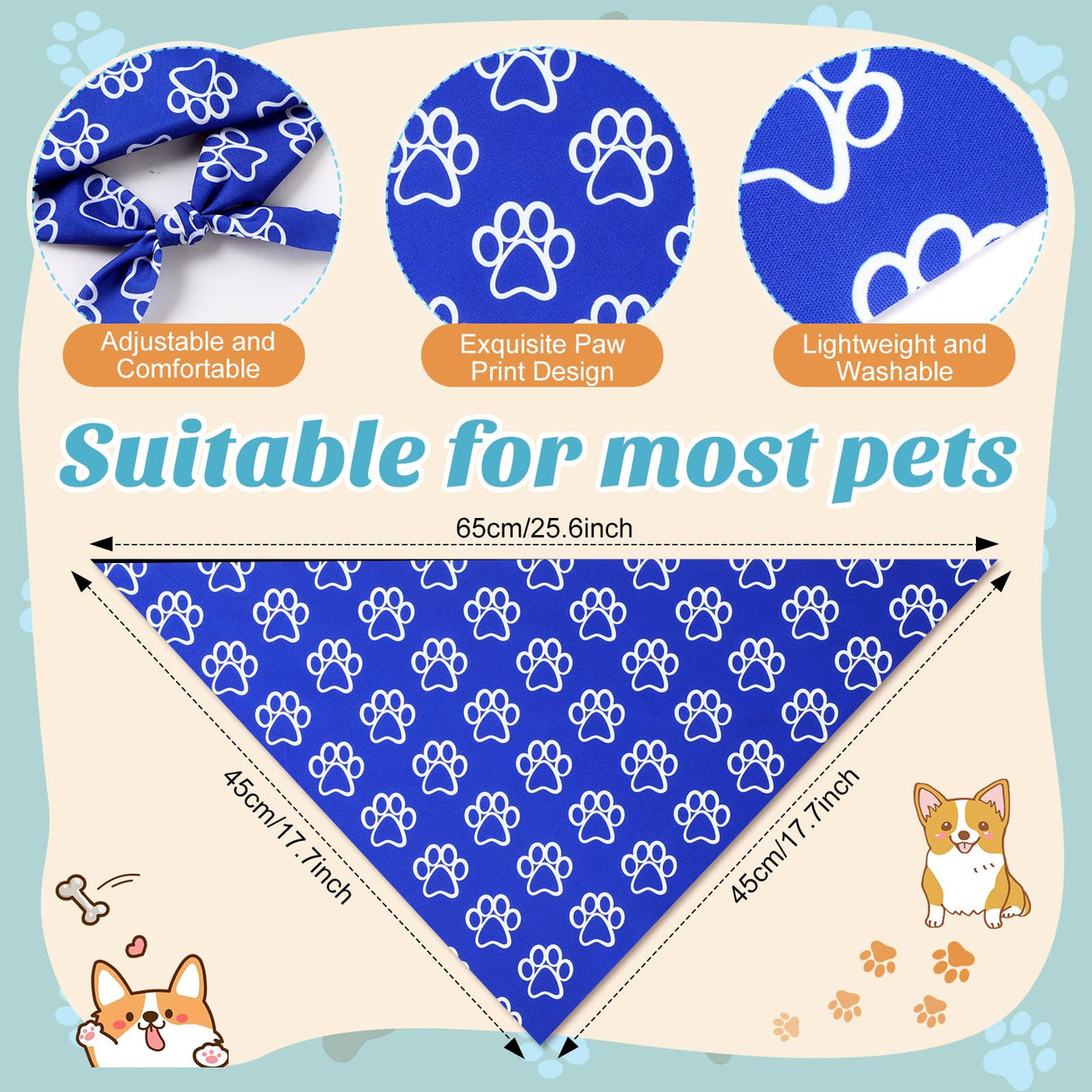 Jeere 50 Pcs Blue Paw Print Dog Bandanas Bulk Animal Footprint Bandanas for Dogs Triangle Kerchief Bib Scarf Set for Pet Winter Costume Photo Props Daily Accessories Pet Shops (25.6 x 17.7 x 17.7)