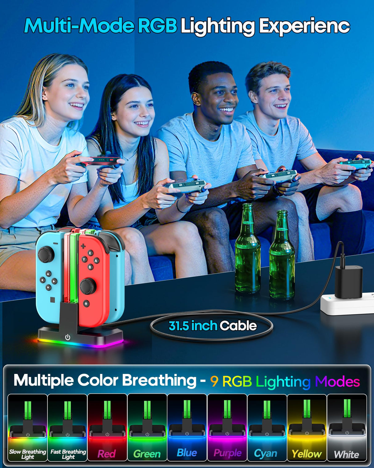Switch Joycon Charger for SW 1 Model with 9 RGB Light Modes, Switch Controller Charger Stand with LED Indicators, SW Charging Dock Station for 4 Joycon Charging