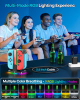Switch Joycon Charger for SW 1 Model with 9 RGB Light Modes, Switch Controller Charger Stand with LED Indicators, SW Charging Dock Station for 4 Joycon Charging