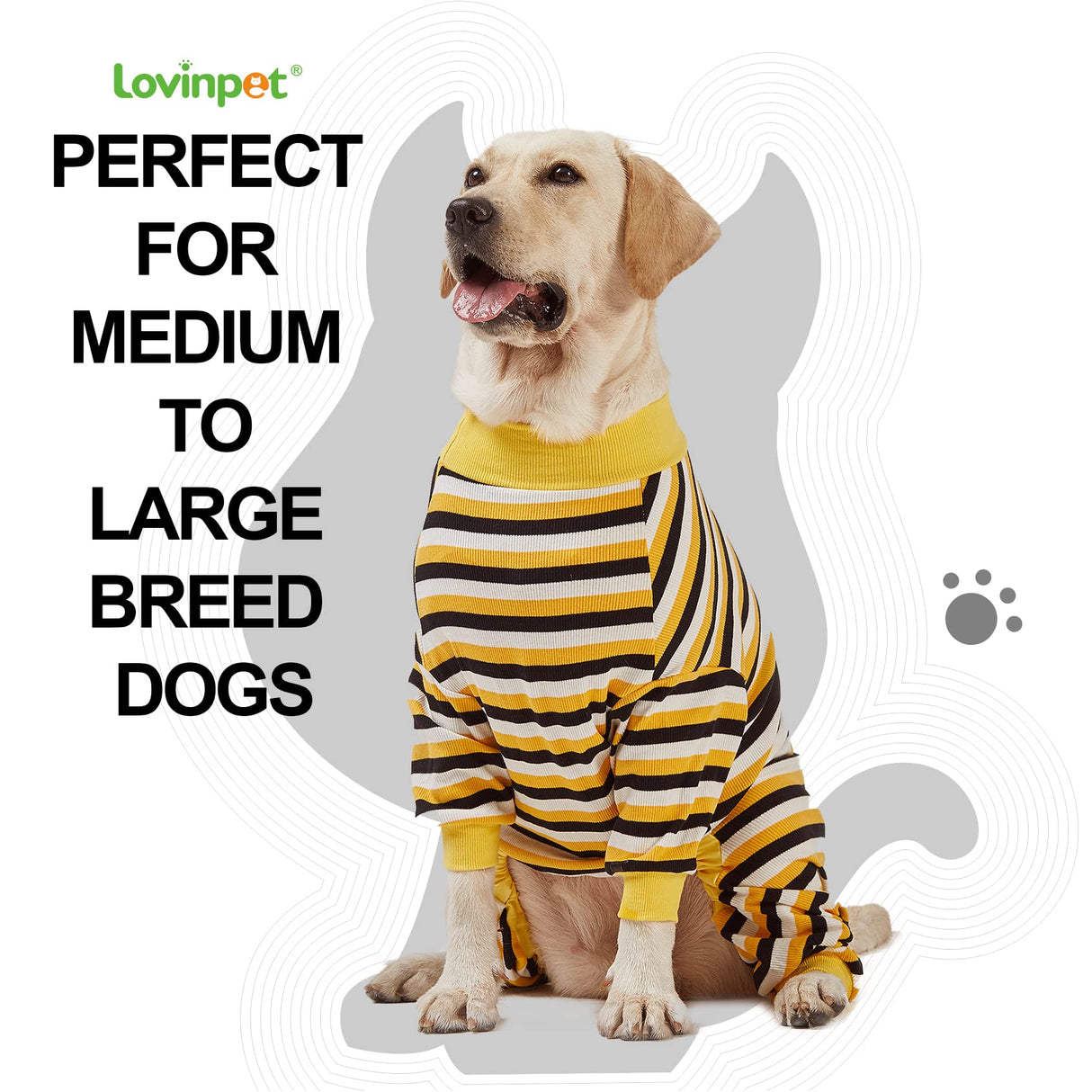 LovinPet Big Dog Pajamas, Cotton Black and Yellow Stripe Dog Shirt, Full Coverage Dog Onesie, Pet Pajamas for Dogs, Stop Shedding for Dogs, Pet PJ's, 3XL