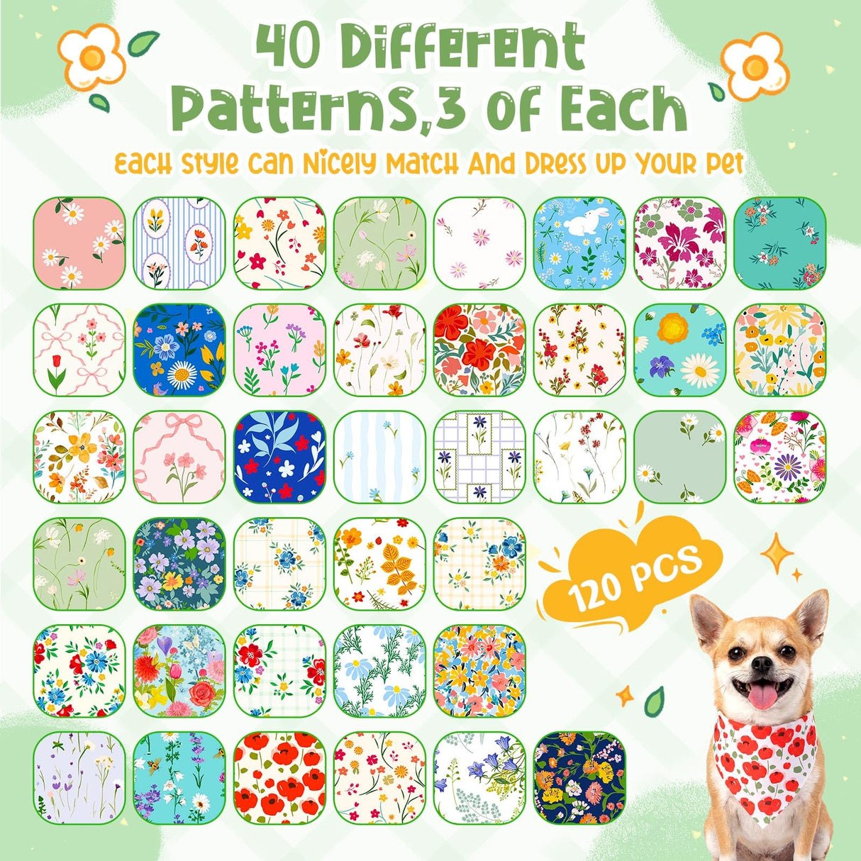 Bulyoou 120 Pcs Spring Dog Bandanas Bulk Floral Printing Pet Bandanas Dog Handkerchiefs Spring Scarf Bibs Triangle Bibs Adjustable Kerchief Pet Grooming Costume Accessories