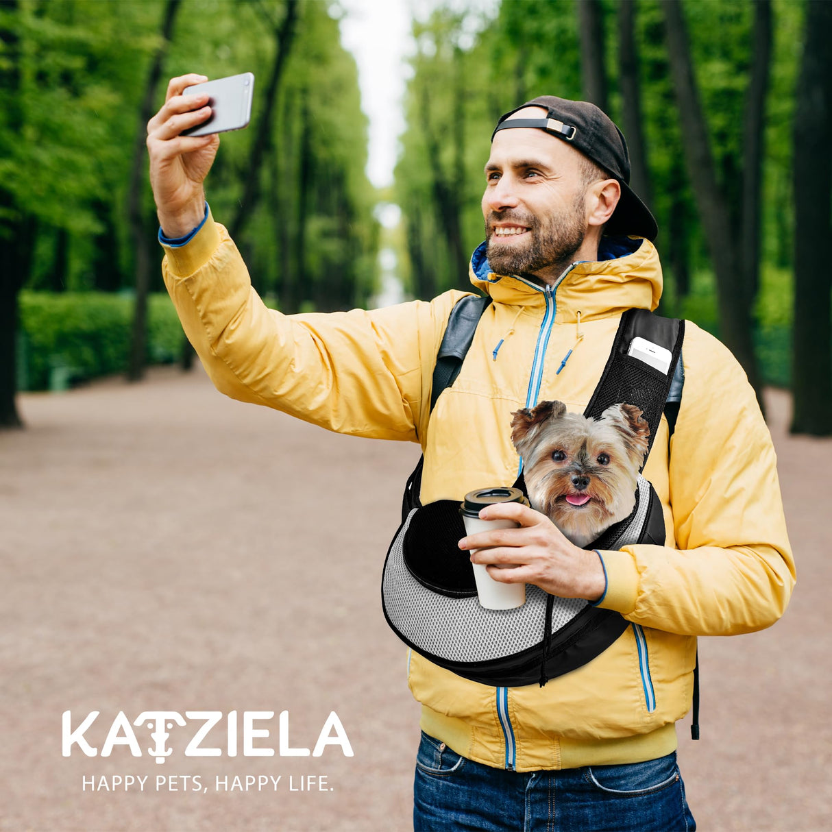 Expandable Pet Carrier Sling Bag - Small Dog, Puppy and Cat Carrier Front Shoulder Backpack w/Harness Strap - Carrying Pouch for ESA, Animal Travel - PU Leather Bottom, Mesh Pocket by Katziela (Grey)