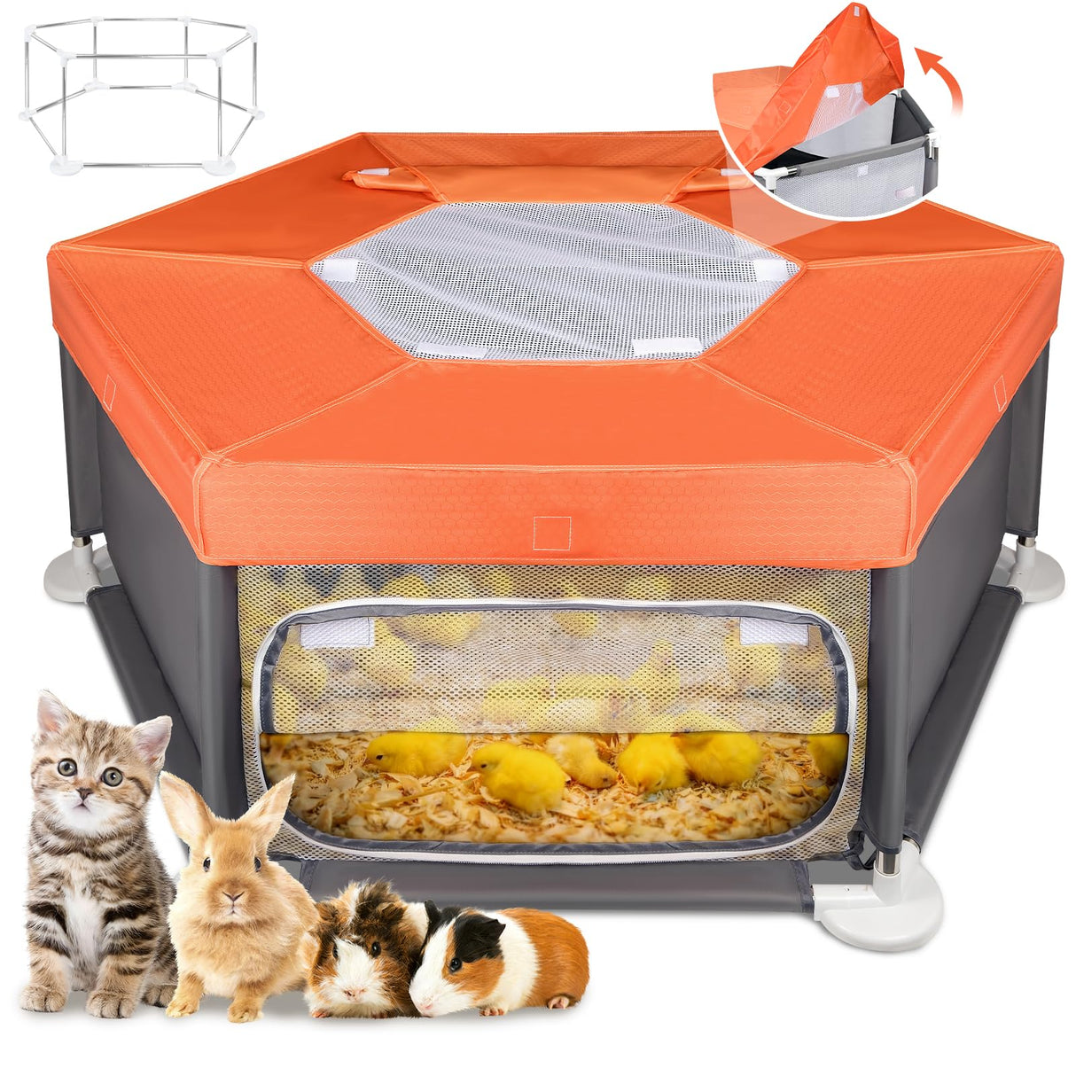 45"x45"x19.7" Sturdy Stainless Steel Frame Small Animal Playpen, Brooder Box for Chicks with Removable Roof & Bottom Pad for Easy Cleaning, Pet Playpen for Ducks, Kittens, Bunnies, Quails, Guinea Pigs
