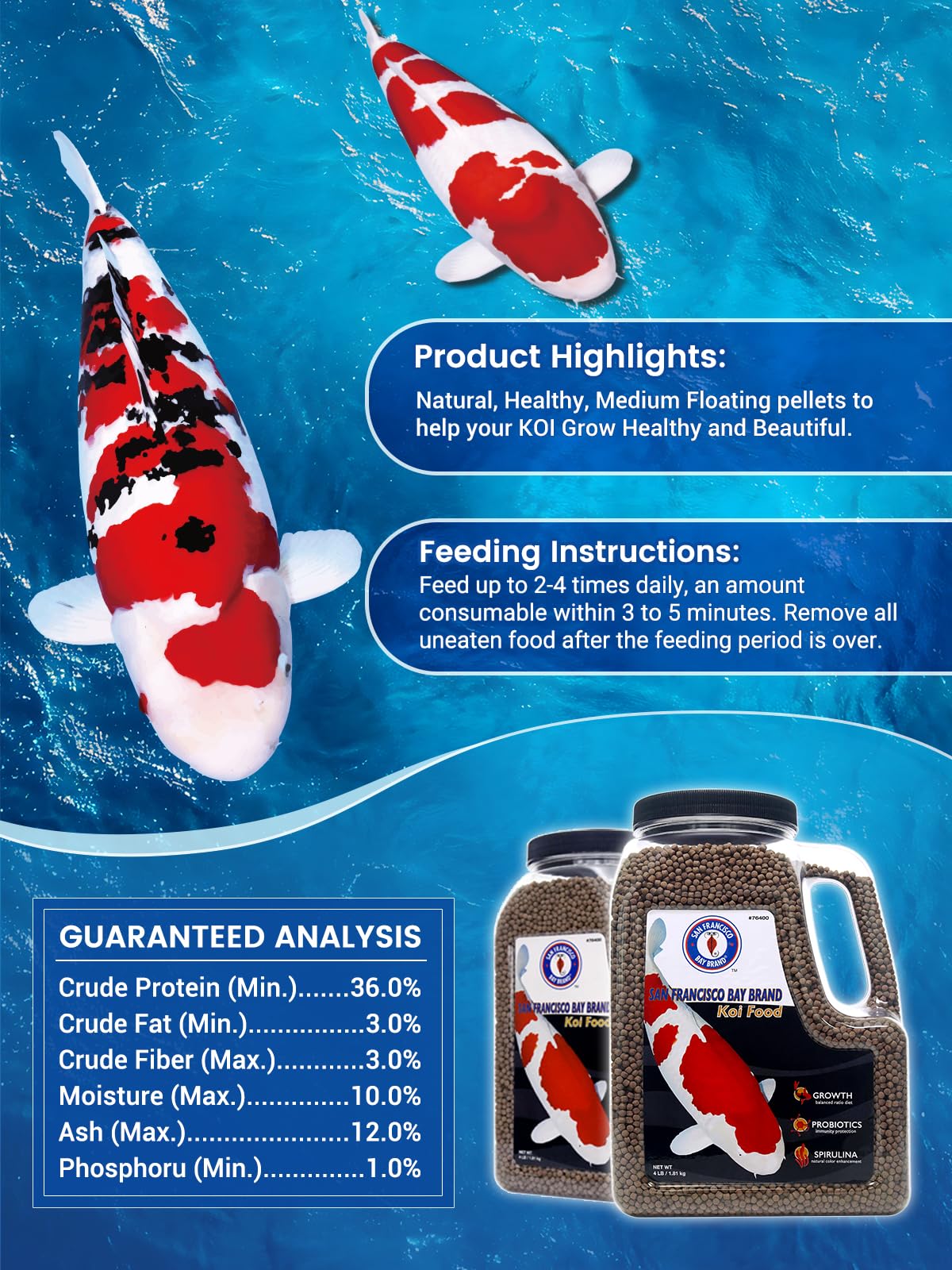 San Francisco Bay Brand Premium Koi Fish Food 4 lbs - Medium Floating Pellets Fish Food, All-Natural Spirulina & Probiotics Koi Food, Complete Multi-Season Diet, Enhance Color & Immunity, 36% Protein