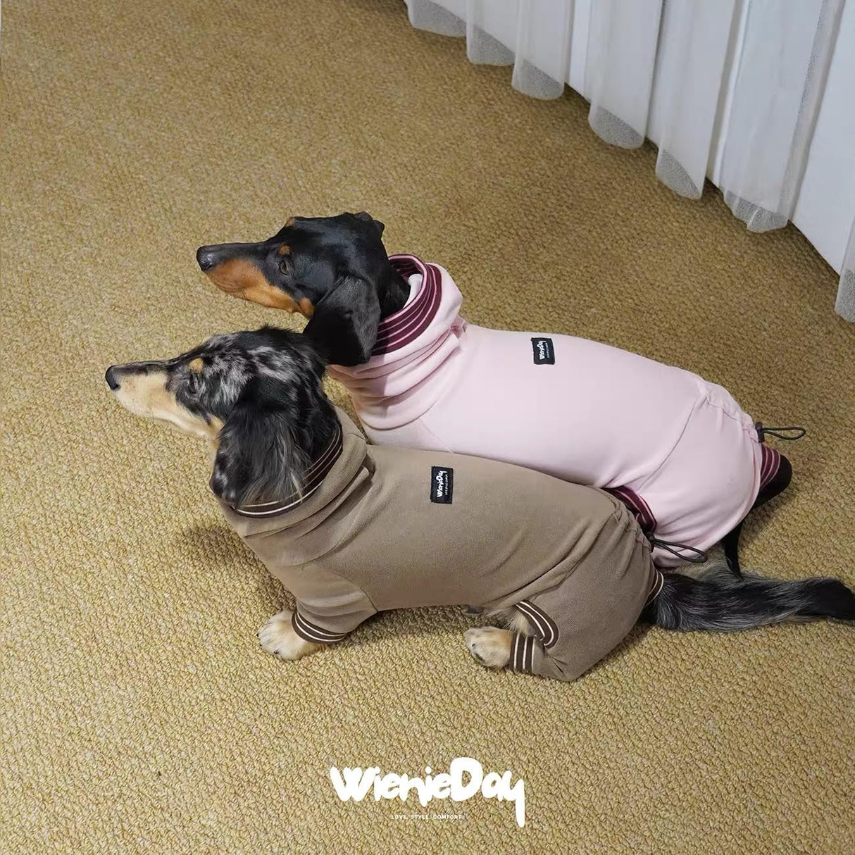 Dachshund Turtleneck Pullover Polar Fleece Four-Legged Dog Jumpsuit, Stretchy Warm Soft Anti-Static Pajamas for Wiener Dog& Small Dogs Fall Winter (Khaki, Small (7-11 lbs))