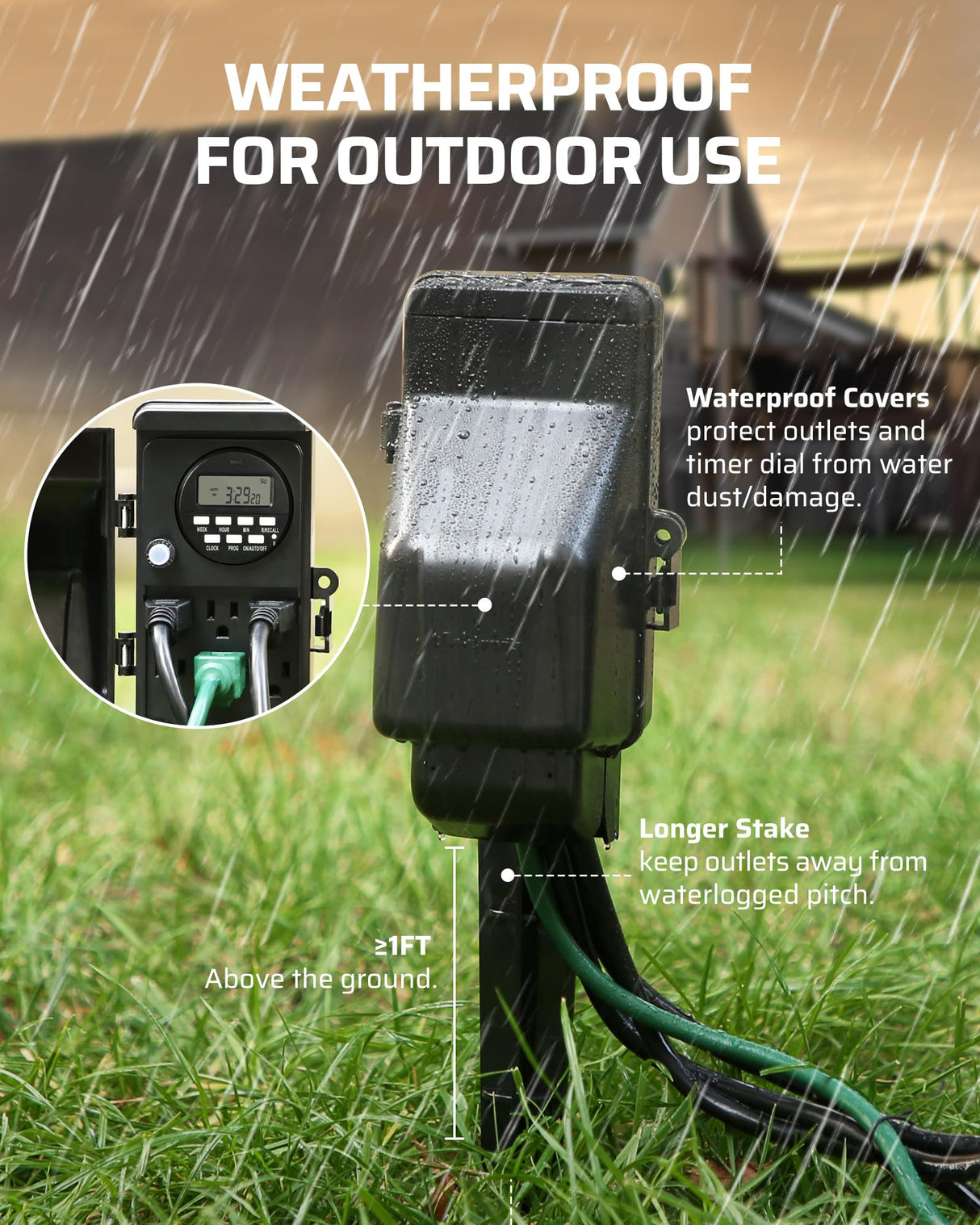 DEWENWILS Outdoor Digital Power Strip Timer, Outdoor Multi Socket Timer, Waterproof 6 Outlet Garden Power Stake, 6ft Cord, for Garden, Halloween/Christmas Decoration Lights, 15A Heavy Duty
