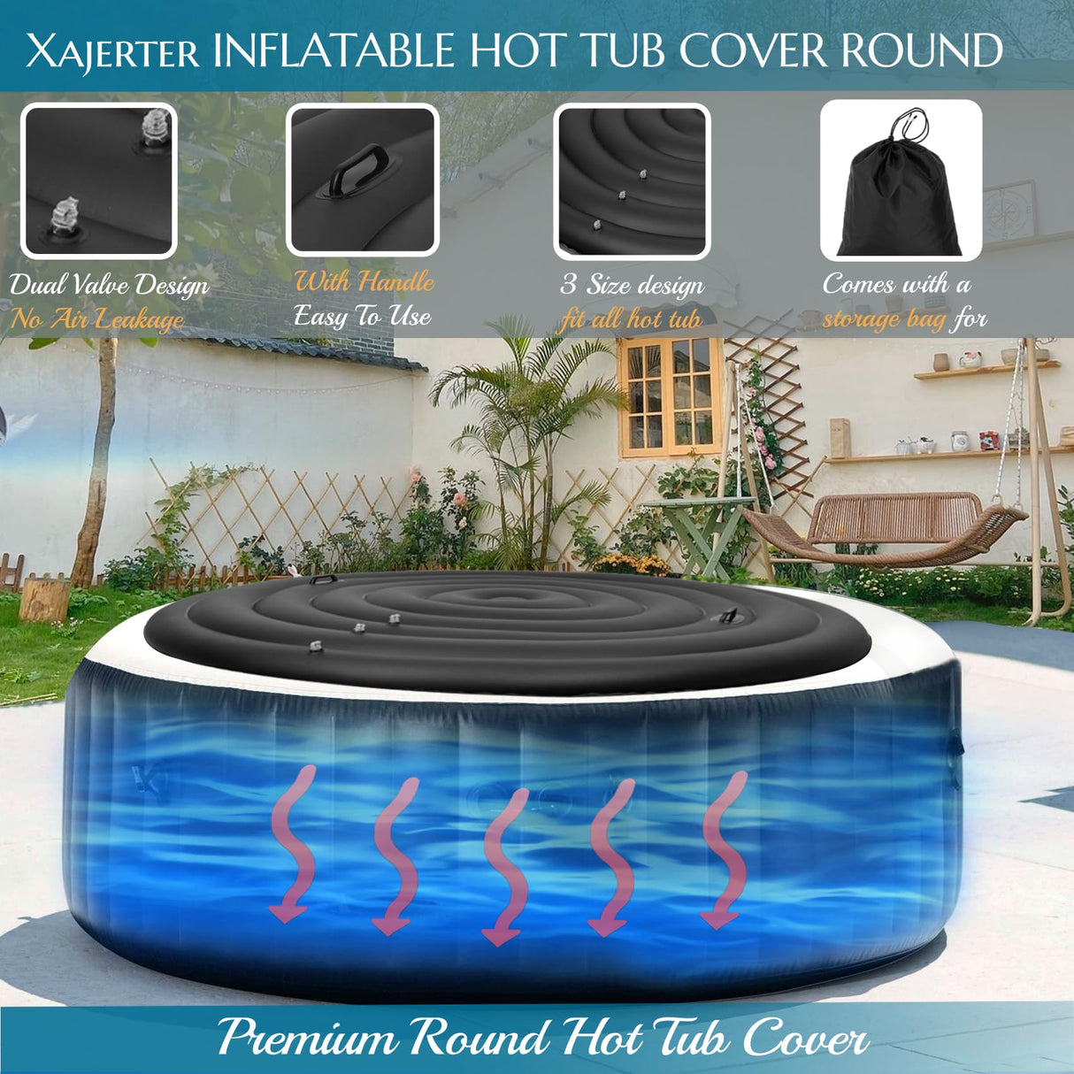 Inflatable Hot Tub Cover Round Replacement, Fit Saluspa Coleman Intex Spa Cover, Insulated Energy-Saving Weatherproof Lid, Unique Design Flexible Adjust Pool Cover Size-Life Time Support