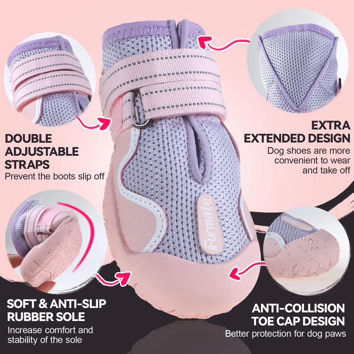 Furmate Dog Shoes for Large Small Medium Dogs, Breathable Mesh Dog Boots & Paw Protectors for Summer Hot Pavement Winter Snow, Waterproof Anti-Slip Dog Booties for Hiking Hardwood Floors(Pink-Purple2)