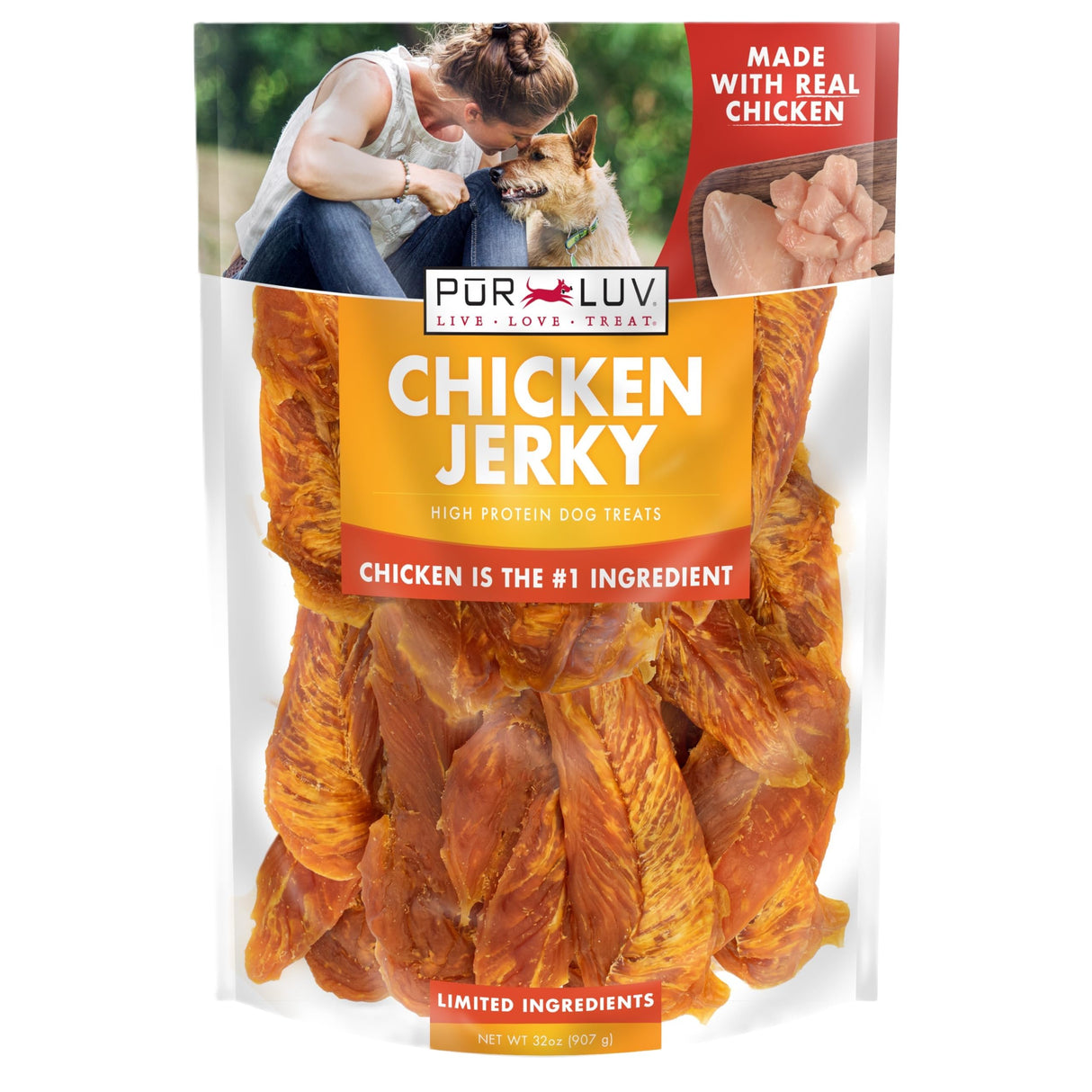 Pur Luv Chicken Jerky Dog Treats, Made with 100% Real Chicken Breast, 32 Ounces, Healthy, Easily Digestible, Long-Lasting, High Protein, Satisfies Dog's Urge to Chew
