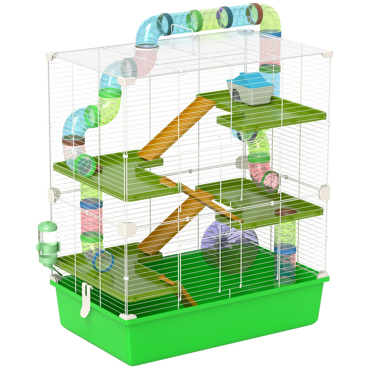 PawHut Extra Large 23" Hamster Cage with Tubes and Tunnels, Portable Carry Handles, Rat House and Habitats Big 5-Tier Design, Mouse Cage Includes Exercise Wheel, Water Bottle, Food Dish, Green