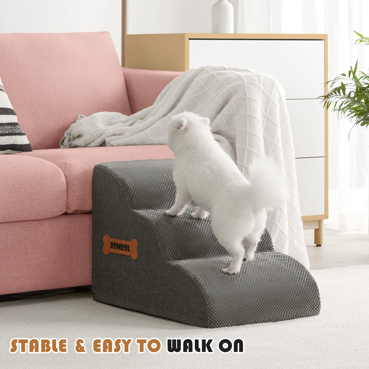 Romrol Dog Stairs Ramp for Small Dogs, 33D Pet Stairs Steps with Durable Non-Slip Waterproof Fabric Cover, Dog Slope Stairs to Bed for Small Dogs and Cats or Pets Joints, 3-Steps