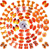 Mruq pet 100pcs Fall Pet Small Dog Hair Bows with Rubber Bands, Bulk Thanksgiving Orange Puppy Dog Grooming Bows, Handmade Pearl and Rhinestones Yorkie Dog Bows for Festival Dog Hair Accessories