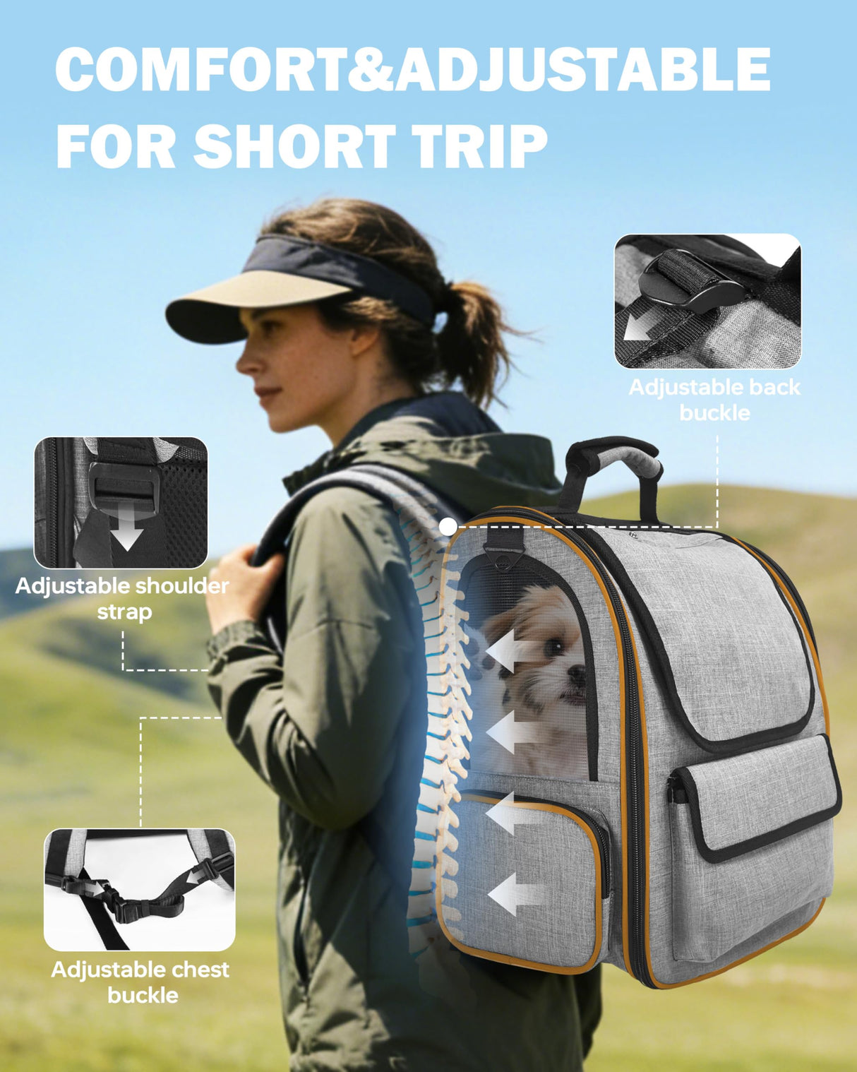 Cat Backpack Carrier with Detachable Round Play Tunnel, 2 in 1 Expandable Cat Backpack with Breathable Mesh,Cat Carrying Backpack for Cat 17lbs & Small Dog 13lbs,Grey Orange.