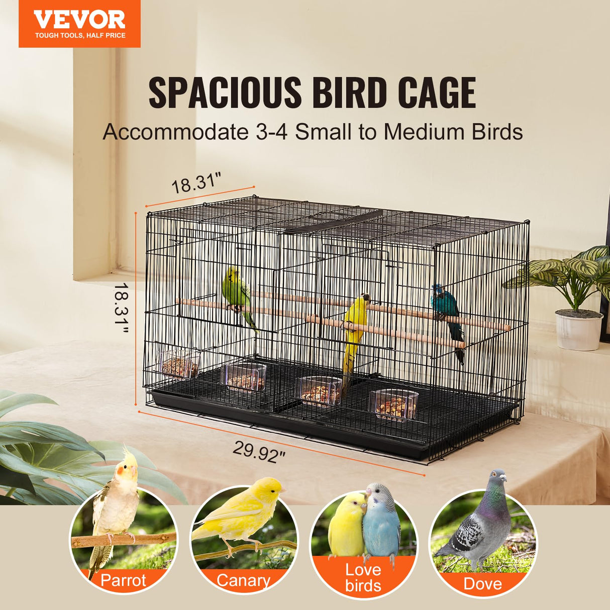 VEVOR 30-inch Flight Bird Cage, Stackable Divided Small Parakeet Cage for Parrots Canaries Cockatiels Lovebirds Finches Budgies Conures Macaws Pet Travel Birdcage with Handle and Perches